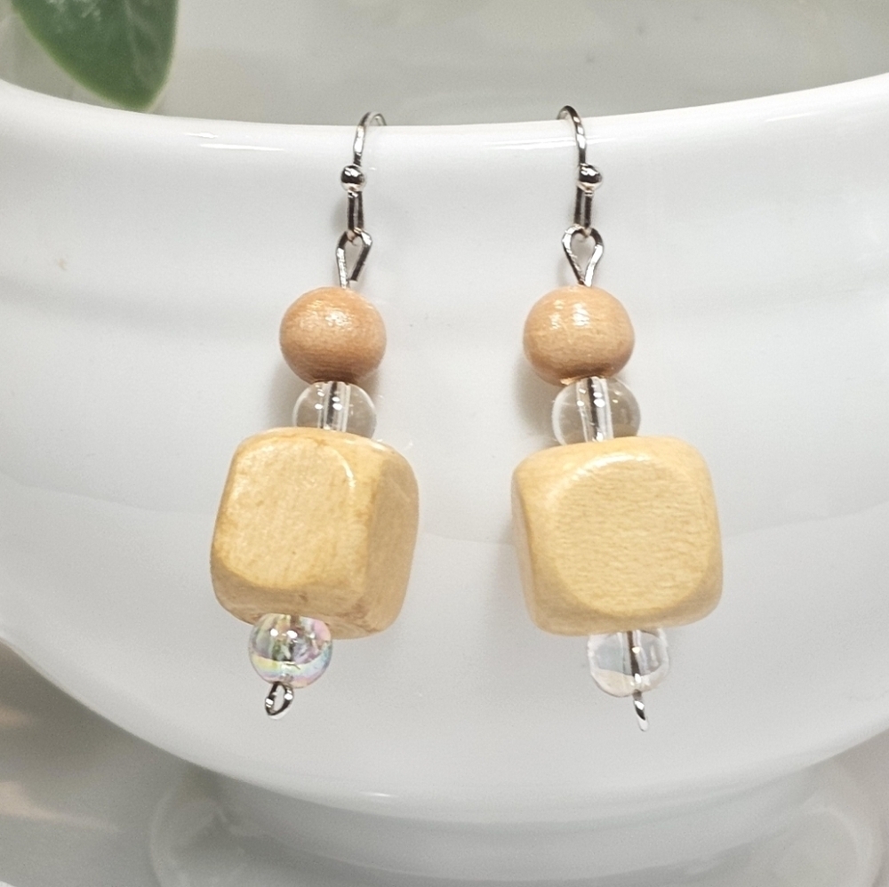 Beaded Wooden Drop Earrings: Natural Brown Wood, Minimalist Boho Style